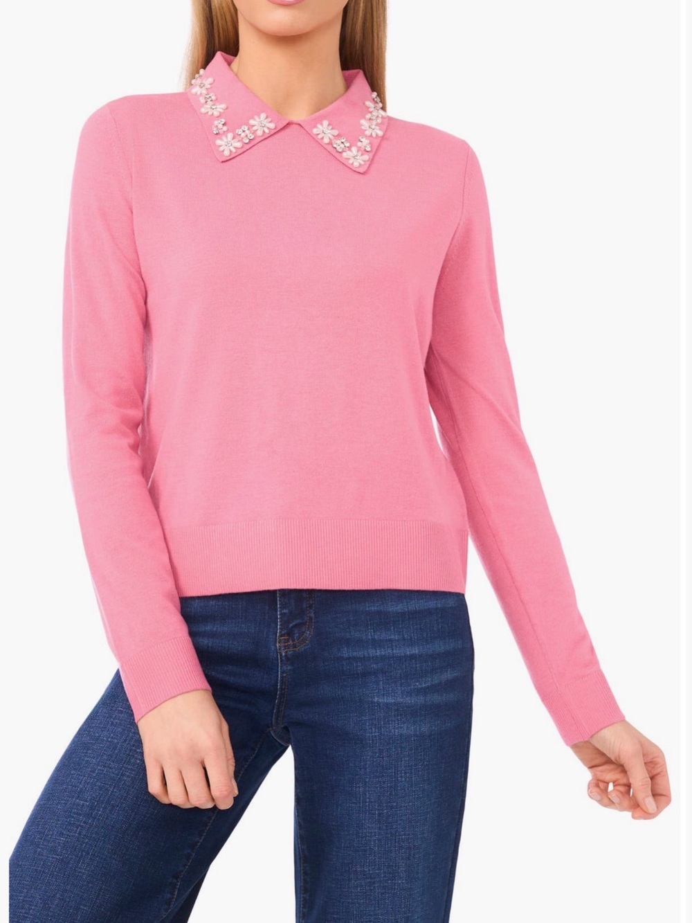 NWT CeCe Pink Pearl Rhinestone Flower Collar Knit Sweater M